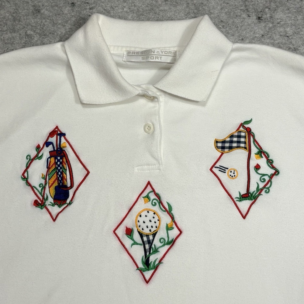 Preston & York Womens Golf Polo Shirt Embroidered Golf Clubs White Y2K Vintage